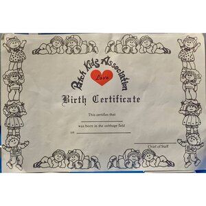 Vintage Patch Kids Association Birth Certificate & Official Adoption Papers